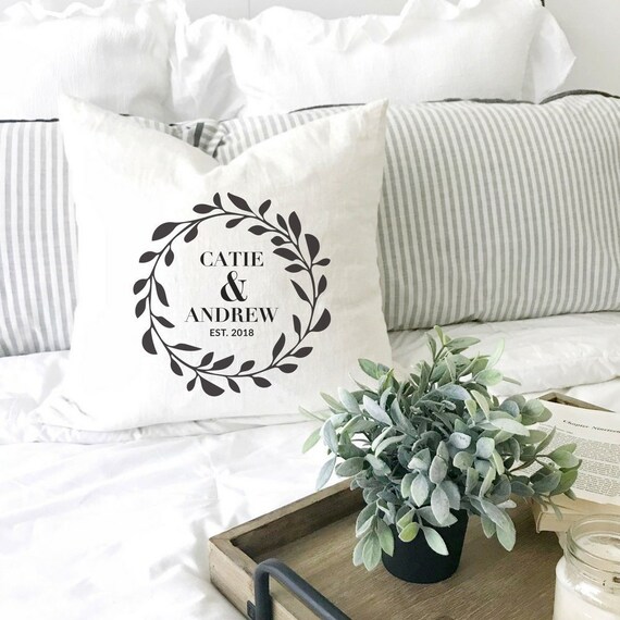 Personalized Pillow, Couples Throw Pillows, Bridal Shower Gift Bride, Groom, Newlywed Christmas Gift, Wedding Pillow, Wreath Farmhouse Decor Il_570xn