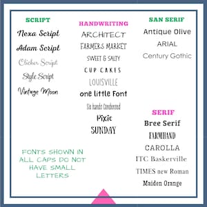 May include: A white graphic displaying font examples, grouped as Script, Handwriting, San Serif, and Serif. Each category showcases font names in different styles. The text "FONTS SHOWN IN ALL CAPS DO NOT HAVE SMALL LETTERS" is also included.
