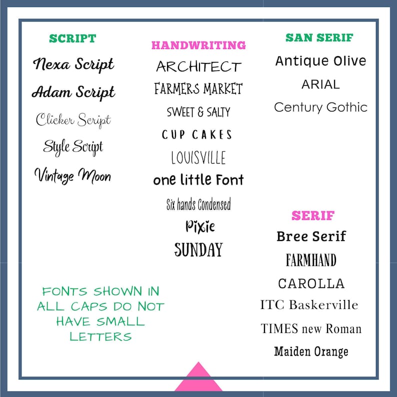 May include: A white graphic displaying font examples, grouped as Script, Handwriting, San Serif, and Serif. Each category showcases font names in different styles. The text "FONTS SHOWN IN ALL CAPS DO NOT HAVE SMALL LETTERS" is also included.