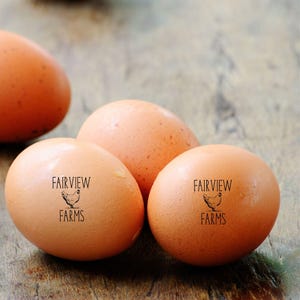 May include: Close-up of several brown eggs, some with the text "FAIRVIEW FARMS" and a chicken illustration. The eggs are on a rustic wooden surface, with one egg partially visible in the background.