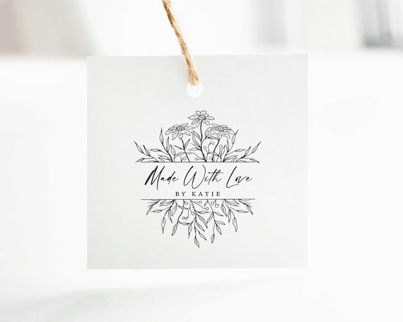 Made With Love Stamp Custom Name Handmade By Stamp, Floral Small Business Supplies Gift Tag Rubber Stamp, Homemade By, Hand Made Crafter Tag