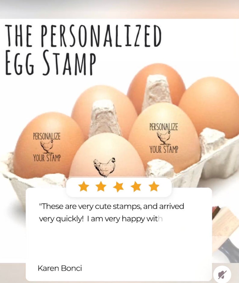 May include: A carton of brown eggs, some stamped with a chicken graphic and the words "PERSONALIZE YOUR STAMP." The text "THE PERSONALIZED EGG STAMP" is at the top. A customer review with five stars is also visible.