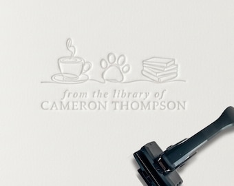Personalized Book Embosser Stamp Custom Library Stamp Coffee Dogs and Book Lover Gift Modern Minimalist Name Embosser or Self-Inking Stamp
