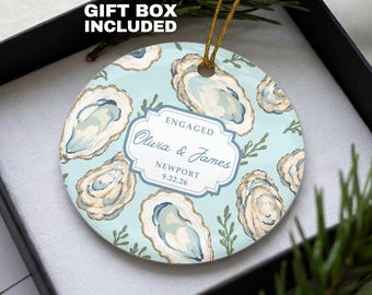 Oyster Engagement Ornament Personalized Coastal Engagement Gift Engaged Couple Keepsake Watercolor Oyster Shell Christmas Ornament