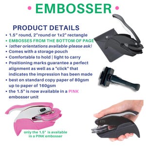 May include: A handheld embosser tool available in black or pink, featuring a lever mechanism for paper impressions. Product details list options for 1.5-inch round, 2-inch round, or 1x2-inch rectangle sizes, a storage pouch, and alignment marks.