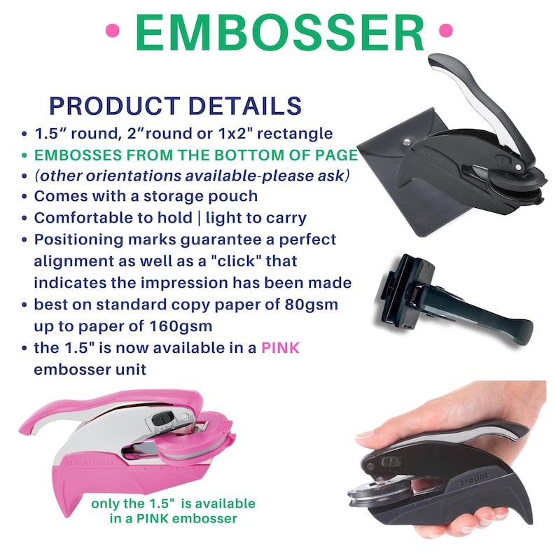 May include: A handheld embosser tool available in black or pink, featuring a lever mechanism for paper impressions. Product details list options for 1.5-inch round, 2-inch round, or 1x2-inch rectangle sizes, a storage pouch, and alignment marks.
