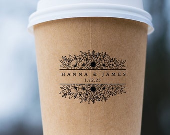 Coffee Sleeve Stamp Custom Wedding Coffee Cups, Floral Monogram Bridal Shower Favor, Personalized Engagement Party To Go Cup Brunch Decor