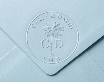 Palm Tree Wedding Embosser Destination Wedding Envelope Seal Custom Tropical Monogram Stamp Coastal Beach Save the Date Napkin Embossing