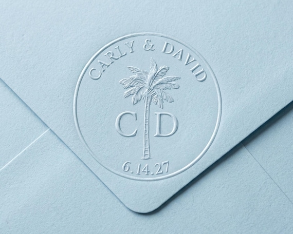 Palm Tree Wedding Embosser Destination Wedding Envelope Seal Custom Tropical Monogram Stamp Coastal Beach Save the Date Napkin Embossing