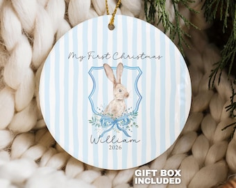 Woodland Animal My First Christmas Ornament Baby Boy Bunny Custom Baby Name Keepsake Boy 1st Birthday Gift, Blue White Nursery Decor