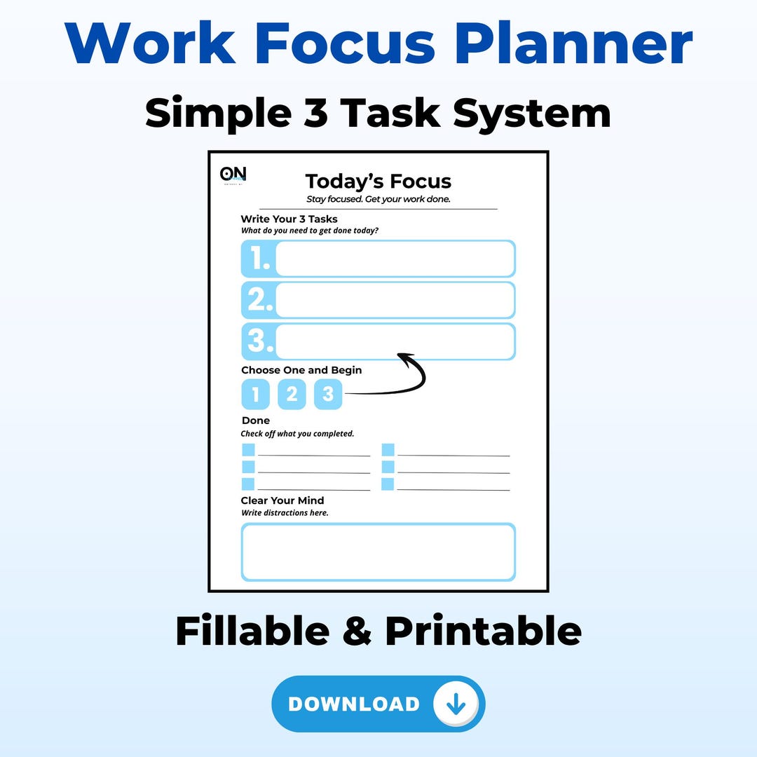Work Focus Planner Fillable & Printable | Simple 3 Task System ...