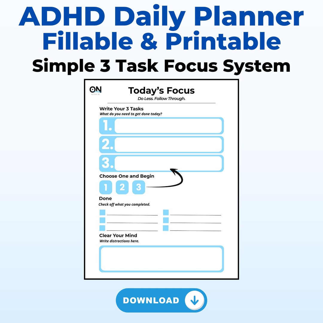 ADHD Daily Planner Fillable & Printable | Simple 3 Task System | Focus ...