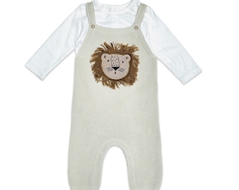 Lion Applique & Embroidered Baby Overall Knit Set (Organic Cotton)