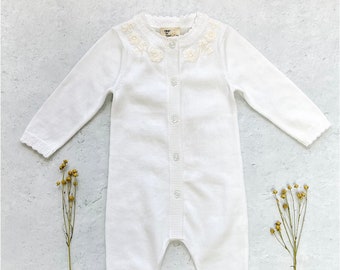 Milan White Embroidered Sweater Knit Baby Jumpsuit (Organic) Super Soft, Comfy, Cute, Eco-friendly