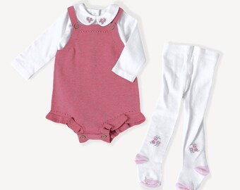 SALE-Rose Heather Knit Short Romper, Bodysuit & Tight (3pc Set)- Super Soft, Comfy, Cute, Eco-friendly