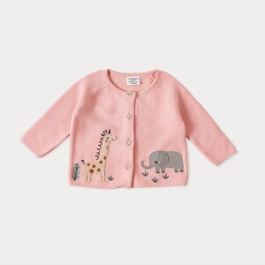 Animal Safari Embroidered Sweater Knit Cardigan Super Soft 100% Organic Cotton, Knitted, Warm, Cozy, Luxurious, Eco-Friendly Blush