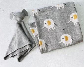 Elephant Jacquard Knit Baby Blanket & Lovey SET (Organic Cotton)