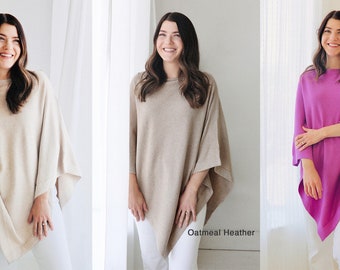 Women's Organic Cotton Poncho Sweater Knit Pullover Topper Travel Wrap Nursing Cover- Soft, Lightweight, All-Season, Eco-friendly