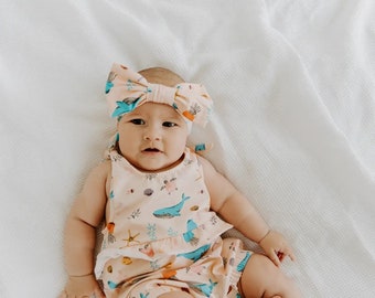 SALE-Ocean Shoulder Tie Romper (Organic Cotton)-Super Soft, Comfy, Cute, Eco-friendly