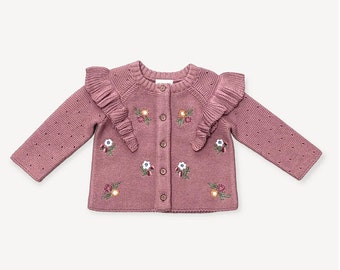 Floral Embroidered Ruffle Chunky Knit Baby Cardigan- Organic