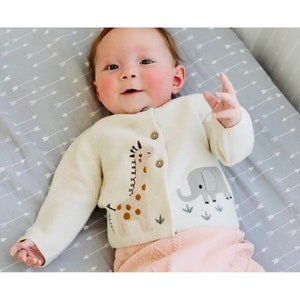 Animal Safari Embroidered Sweater Knit Cardigan Super Soft 100% Organic Cotton, Knitted, Warm, Cozy, Luxurious, Eco-Friendly Natural