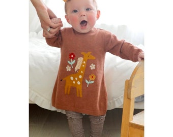 Floral Giraffe Embroidered A-Line Sweater Dress (Organic Cotton).Super Soft, cozy, Natural, Comfy, Eco-friendly