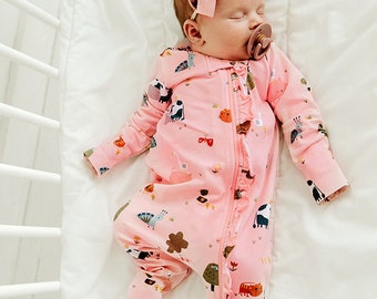 SALE - Farm Zipper Footie Jumpsuit (Organic Cotton)-Super Soft, cozy, Natural, Comfy, Eco-friendly (2 Colors)