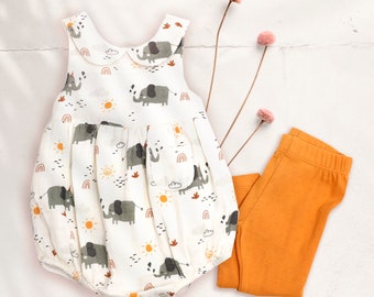 SALE- Elephant Peter Pan Collar Criss Cross Bubble Romper (Organic Muslin)- Super Soft, Comfy, Cute, Eco-friendly