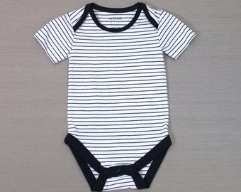 Organic Cotton Jersey Baby Romper Bodysuit, Short Sleeve, Navy Stripe, Super Soft, Lightweight, Eco-friendly