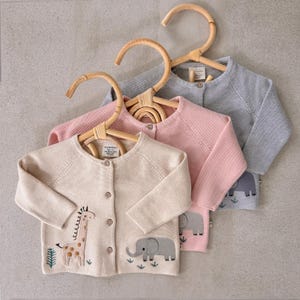3 Colors - Animal Safari Embroidered Sweater Knit Cardigan Super Soft 100% Organic Cotton, Knitted, Warm, Cozy, Luxurious, Eco-Friendly