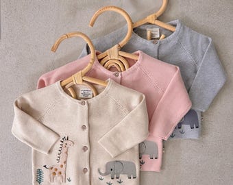 3 Colors - Animal Safari Embroidered Sweater Knit Cardigan Super Soft 100% Organic Cotton, Knitted, Warm, Cozy, Luxurious, Eco-Friendly
