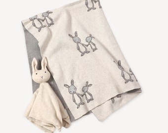 Bunny Mommy and Me Jacquard Knit Baby Blanket & Lovey Gift SET (Organic)