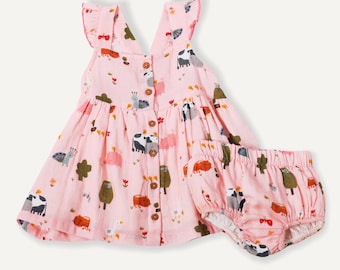 SALE-Farm Ruffled Sleeveless Button Front Dress + Bloomer SET (Organic Muslin)-Super Soft, Comfy, Cute, Eco-friendly