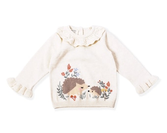 SALE-Hedgehog & Pointelle Collar Sweater Pullover-Super Soft 100% Organic Cotton, Knitted, Warm, Cozy, Luxurious, Eco-Friendly