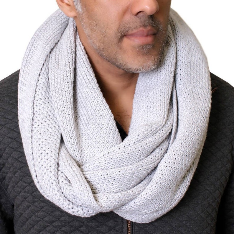 Men's Knit Infinity Scarf 8 Colors, 100% Organic Cotton, Super Soft, Lightweight, Chunky, Thick, Warm, Cozy, Breathable, Eco-Friendly Gray