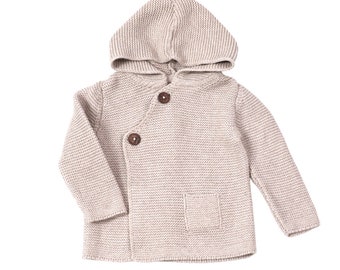 Milan Earthy Knit Baby Hooded Button Jacket (Organic Cotton).Super Soft, cozy, Natural, Comfy, Eco-friendly