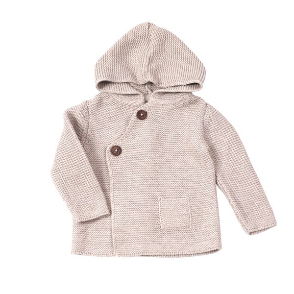 Milan Earthy Knit Baby Hooded Button Jacket (Organic Cotton).Super Soft, cozy, Natural, Comfy, Eco-friendly