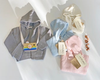 Baby Hoodie Jacket, Hooded Sweater Cardigan, 100% Knitted Organic Cotton, Super Soft Cotton Lining, Front Pockets, Warm, Cozy, Comfy