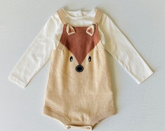 SALE- Fox Embroidered Knit Overall Romper Set 100% Organic Cotton Sweater Knit - Super Soft, Cute Cozy, Luxurious, Non Toxic, Eco-Friendly