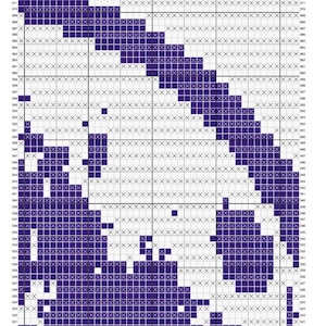 May include: A cross-stitch pattern chart with a grid of squares. The design is primarily dark purple, with white and grey X marks. The chart is labelled with numbers along the top and sides.