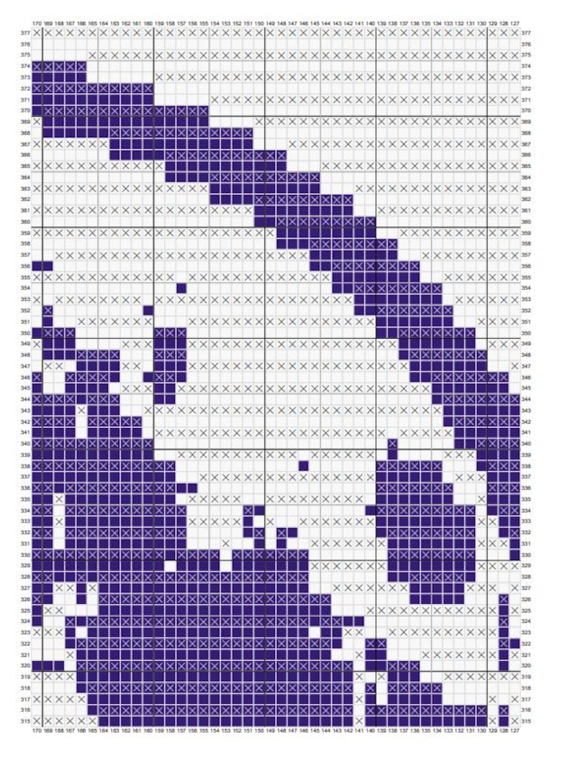 May include: A cross-stitch pattern chart with a grid of squares. The design is primarily dark purple, with white and grey X marks. The chart is labelled with numbers along the top and sides.