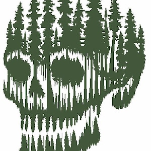 May include: A dark green graphic of a skull, with a forest silhouette forming its shape. The trees create the hair and upper part of the skull, with the teeth and jawline clearly defined against the white background.