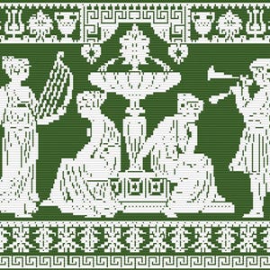 Op de afbeelding: Een groen en wit gepixeld beeld dat een klassieke scène uitbeeldt. Het toont figuren die instrumenten bespelen en statige vormen, met decoratieve randen en een centrale fontein. Het kunstwerk roept een gevoel van oude Griekse of Romeinse kunst op.