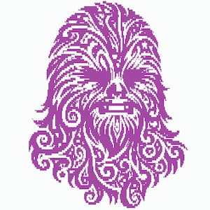 Pode incluir: Ilustração pixelizada roxa e branca de um rosto Wookiee. O design apresenta padrões e redemoinhos intrincados, criando um retrato detalhado e estilizado do personagem icônico da franquia Star Wars.