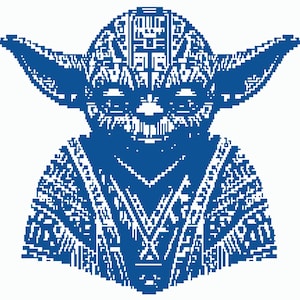 Pode incluir: Imagem pixelizada em azul e branco de Yoda de Star Wars. A imagem apresenta as grandes orelhas, o rosto enrugado e a túnica de Yoda. O design é composto por pequenos pixels quadrados, dando-lhe uma aparência digital ou de ponto cruz.