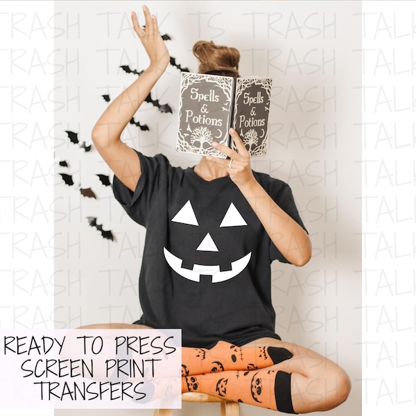 READY TO PRESS Screen Print Transfer | Pumpkin Face Screen Print Transfer | Plastisol Ink Transfer | Halloween Screen Print | Jack-o-Lantern