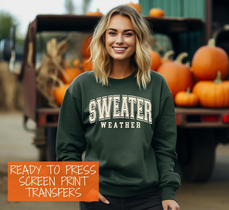 Pu&ograve; includere: Una felpa verde scuro con il testo "SWEATER WEATHER" in bianco e crema. La felpa &egrave; un trasferimento serigrafico pronto per essere pressato.