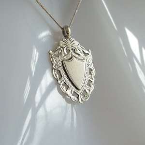 1922 Edwardian Sterling Shield Medal Fob Silver Hallmarks New 18&quot; Sterling Chain (Italy) w/Safety Ring