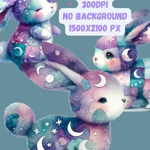 May include: Three watercolor bunny illustrations with patchwork designs featuring moons and stars. The bunnies are in shades of purple, blue, and pink.