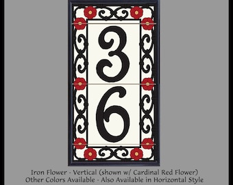 House Numbers Framed Set - Address Tiles, Spanish Iron Flowers, Vertical